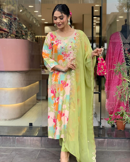 Party Wear Floral Printed Women's Embroidery  Kurta With Bottom And Beautiful Dupatta Set Dropshipera