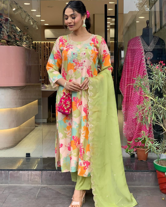 Party Wear Floral Printed Women's Embroidery  Kurta With Bottom And Beautiful Dupatta Set Dropshipera
