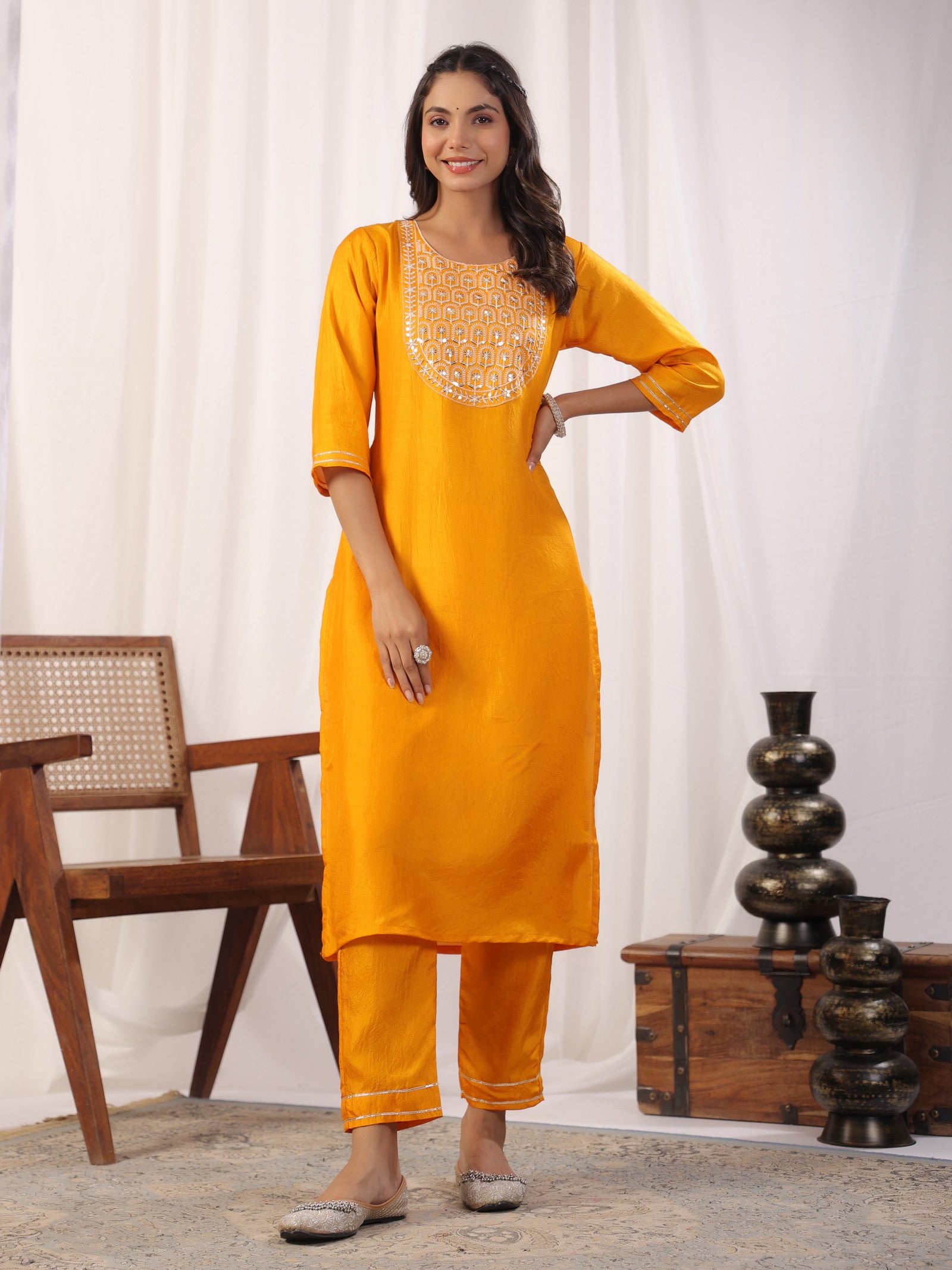 Yellow Embroidered Kurta with Trousers with Dupatta Dropshipera