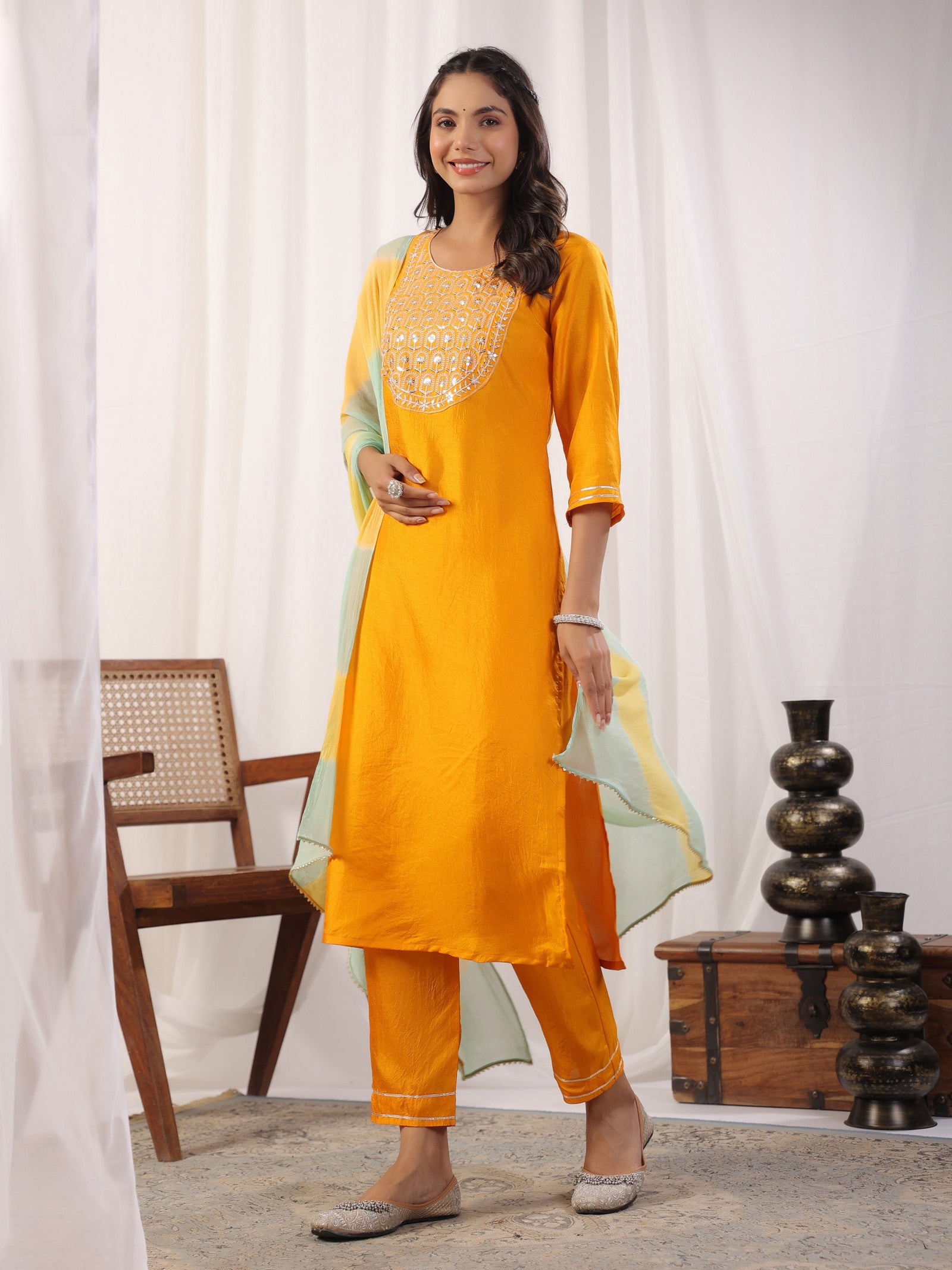 Yellow Embroidered Kurta with Trousers with Dupatta Dropshipera