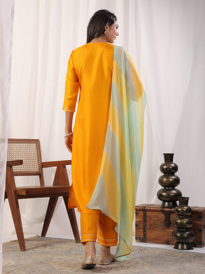 Yellow Embroidered Kurta with Trousers with Dupatta Dropshipera