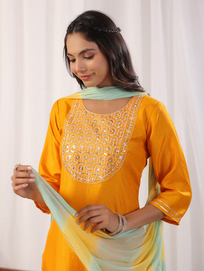 Yellow Embroidered Kurta with Trousers with Dupatta Dropshipera