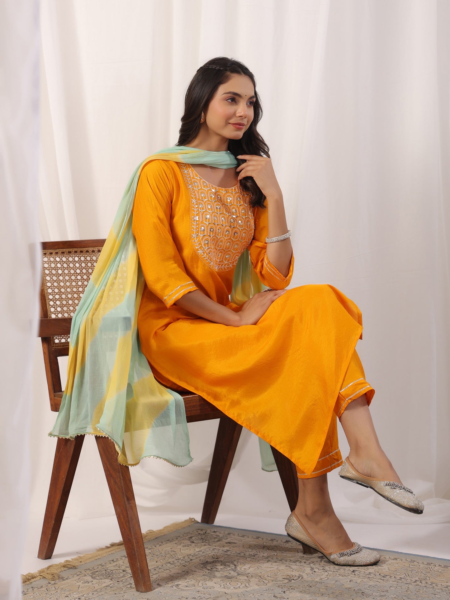 Yellow Embroidered Kurta with Trousers with Dupatta Dropshipera