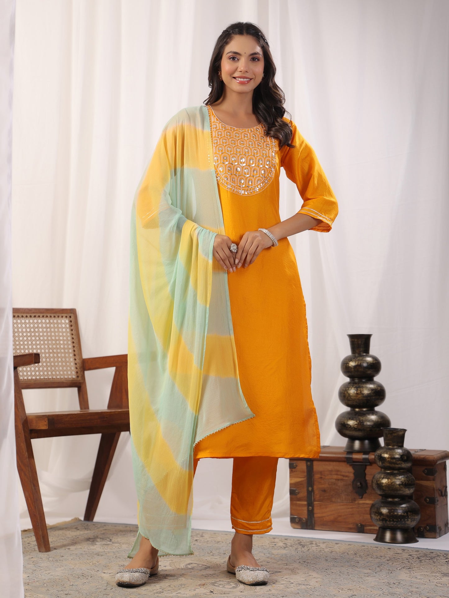 Yellow Embroidered Kurta with Trousers with Dupatta Dropshipera