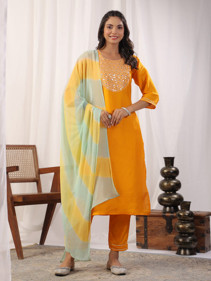 Yellow Embroidered Kurta with Trousers with Dupatta Dropshipera