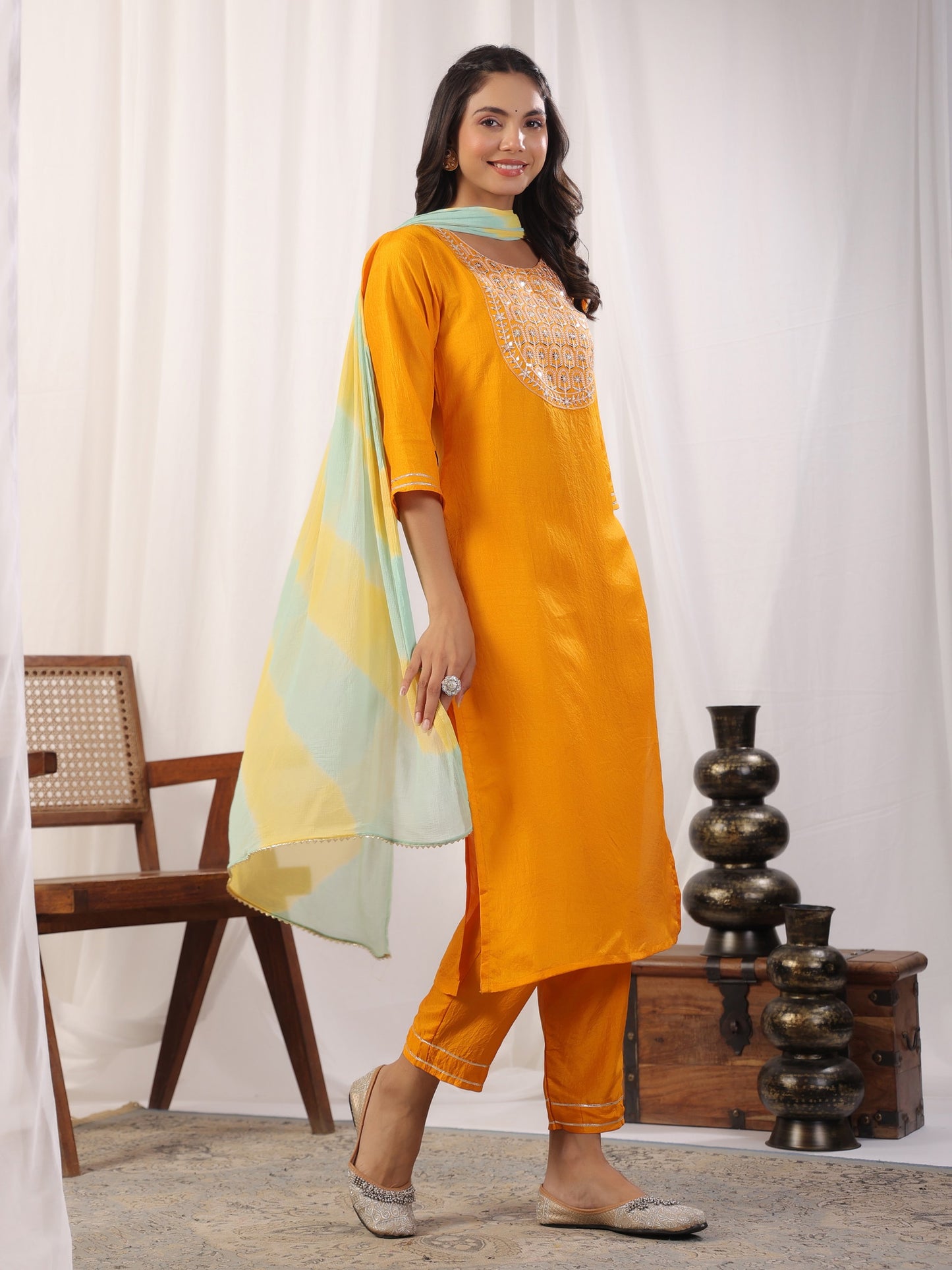 Yellow Embroidered Kurta with Trousers with Dupatta Dropshipera