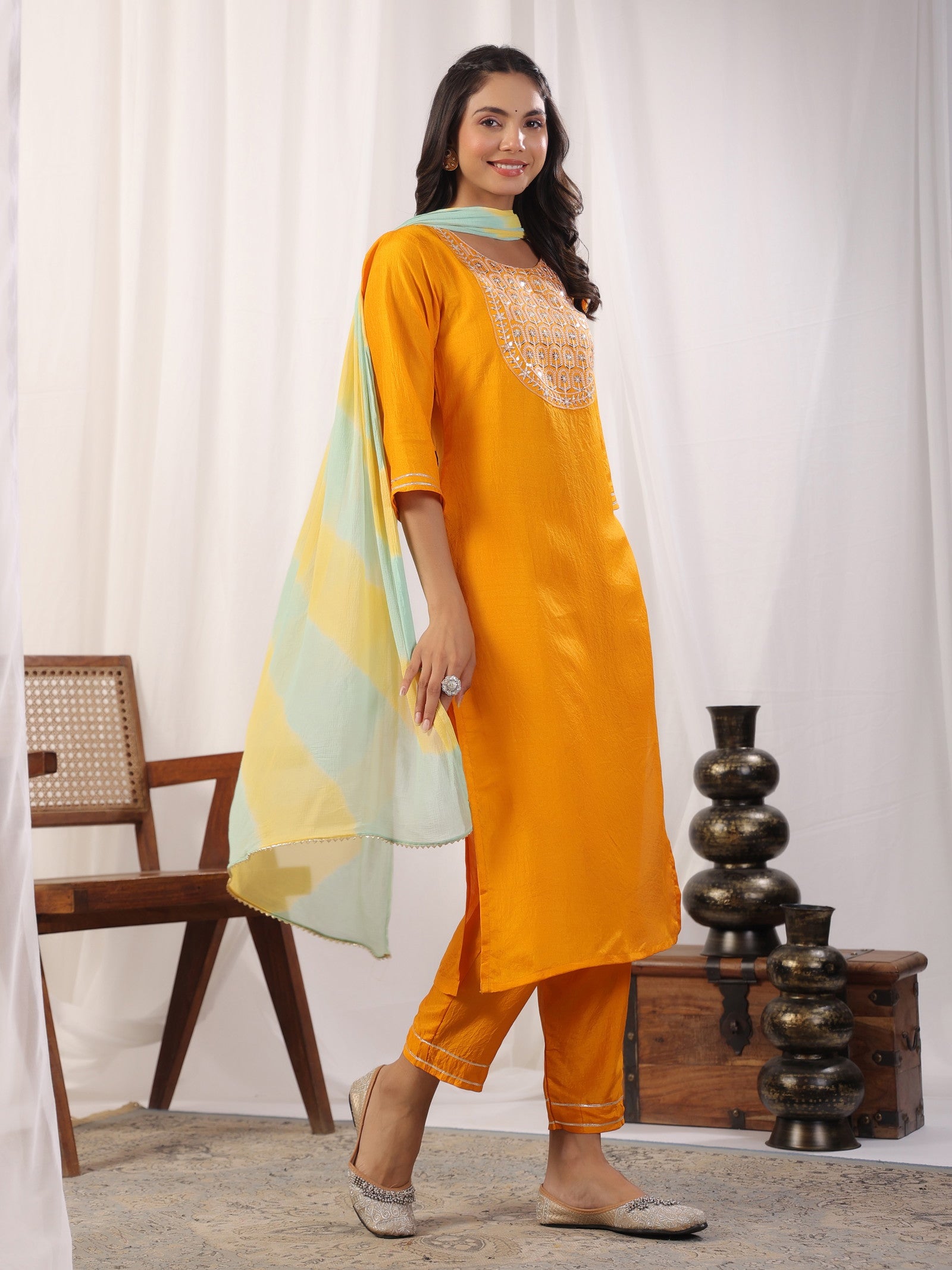 Yellow Embroidered Kurta with Trousers with Dupatta Dropshipera