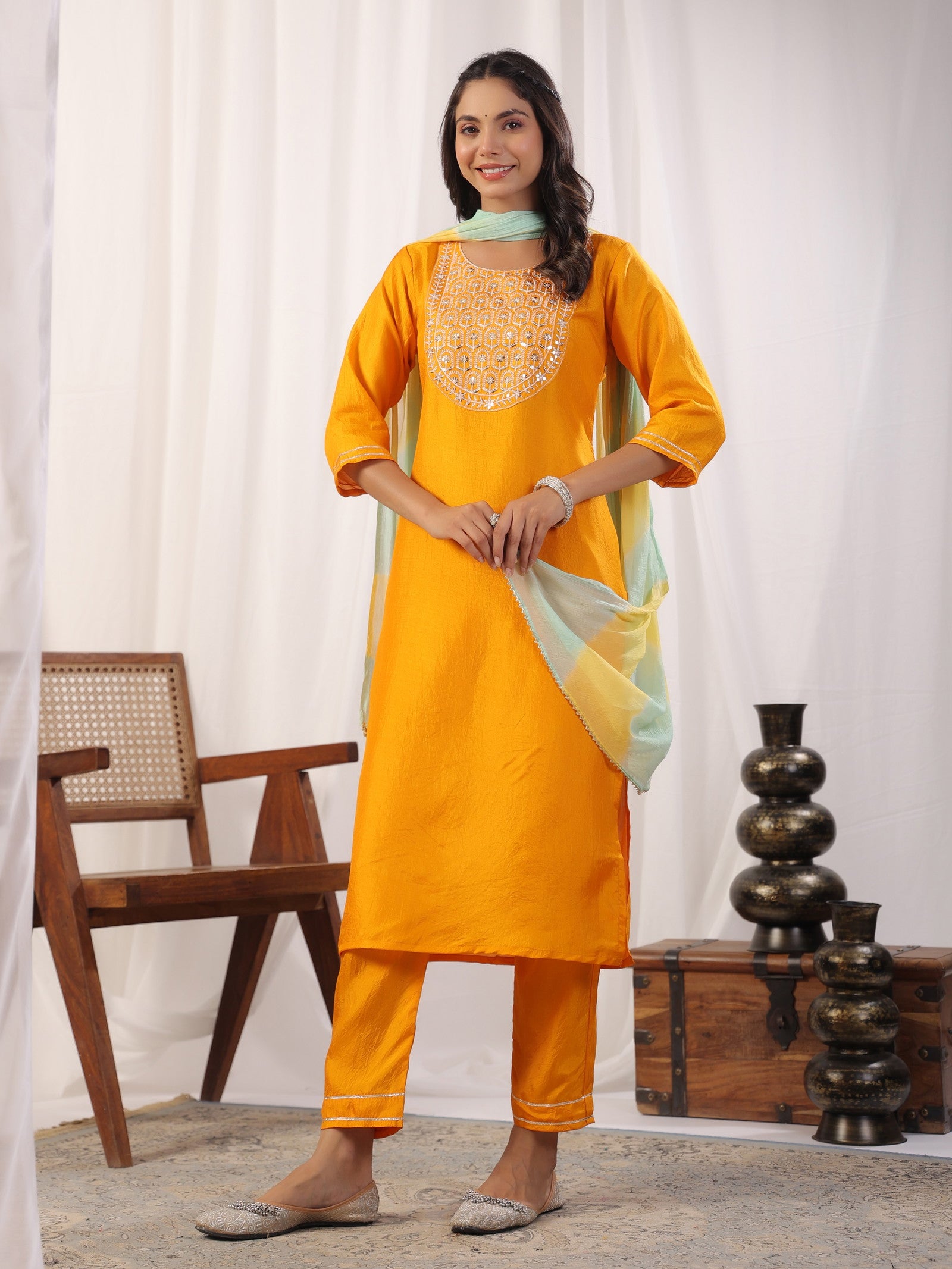Yellow Embroidered Kurta with Trousers with Dupatta Dropshipera