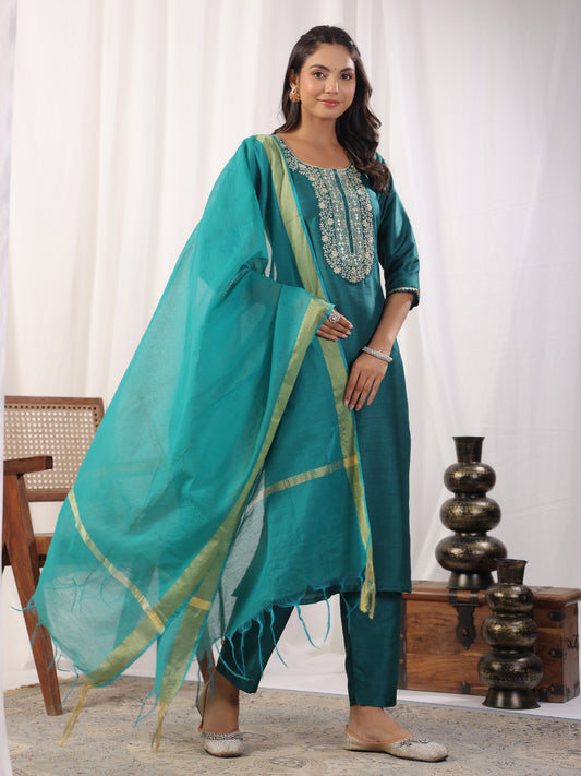 Teal Embroidered Straight Kurta Paired With Bottom and Dupatta Dropshipera