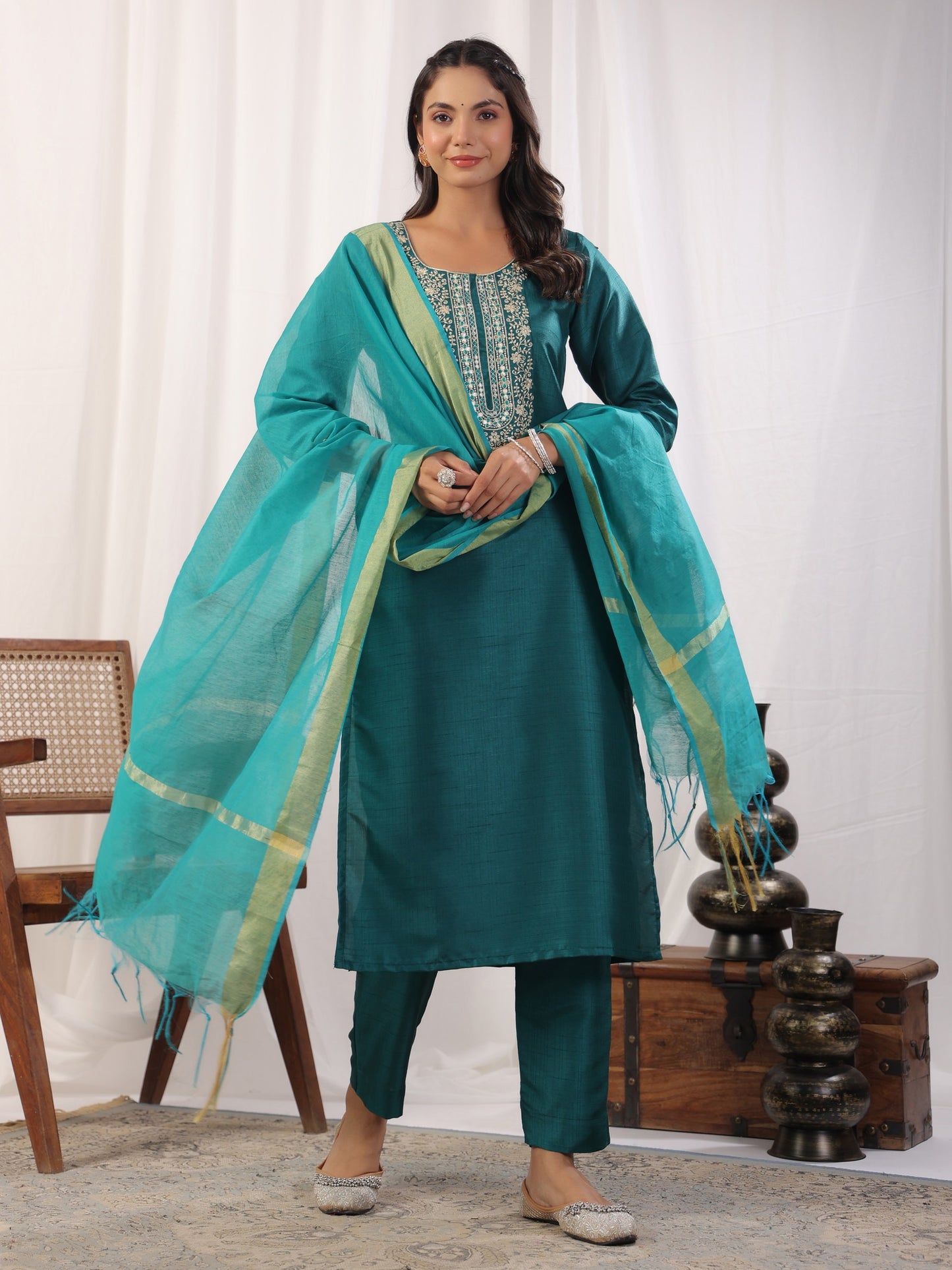 Teal Embroidered Straight Kurta Paired With Bottom and Dupatta Dropshipera