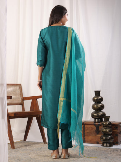 Teal Embroidered Straight Kurta Paired With Bottom and Dupatta Dropshipera