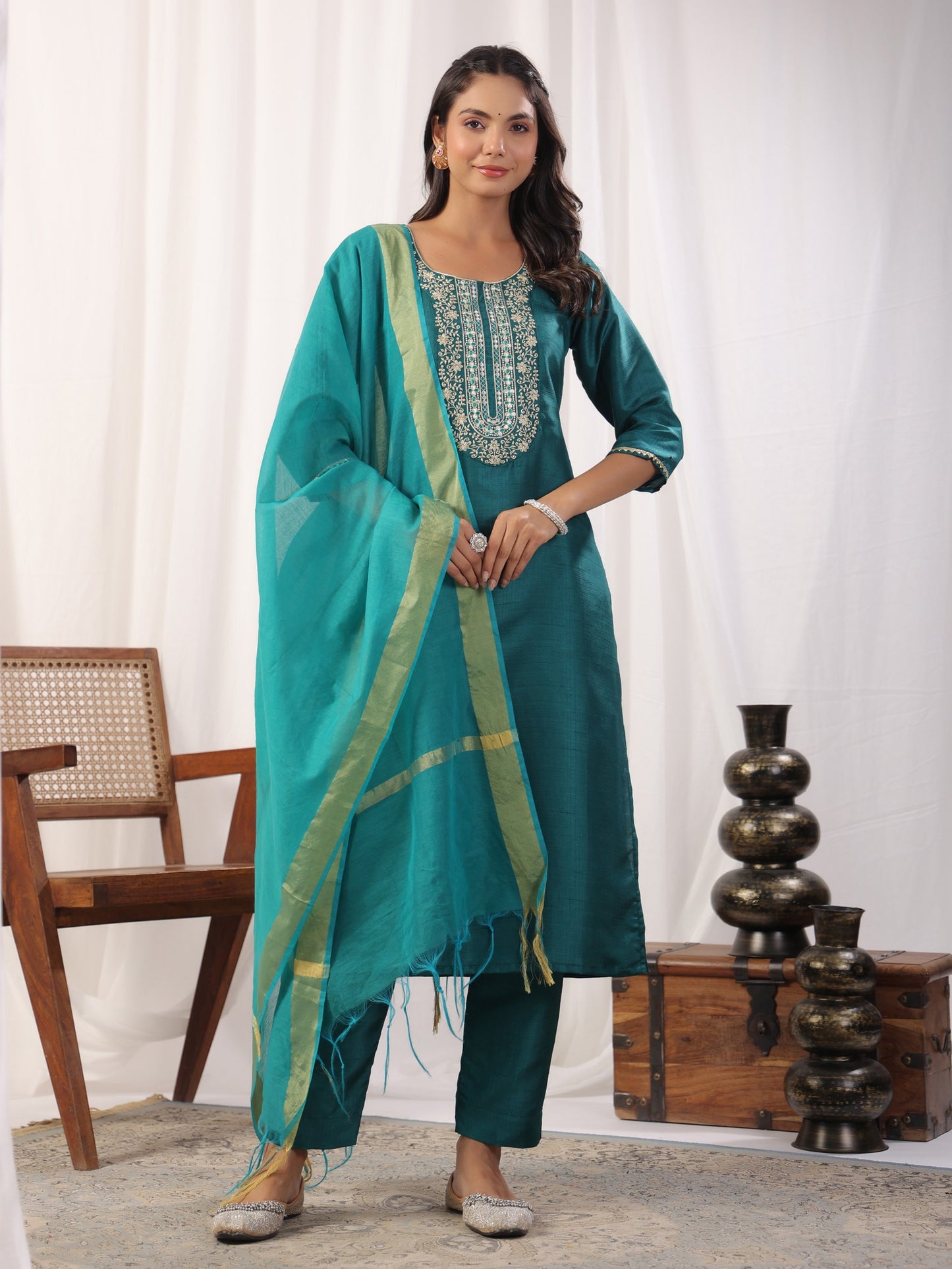 Teal Embroidered Straight Kurta Paired With Bottom and Dupatta Dropshipera