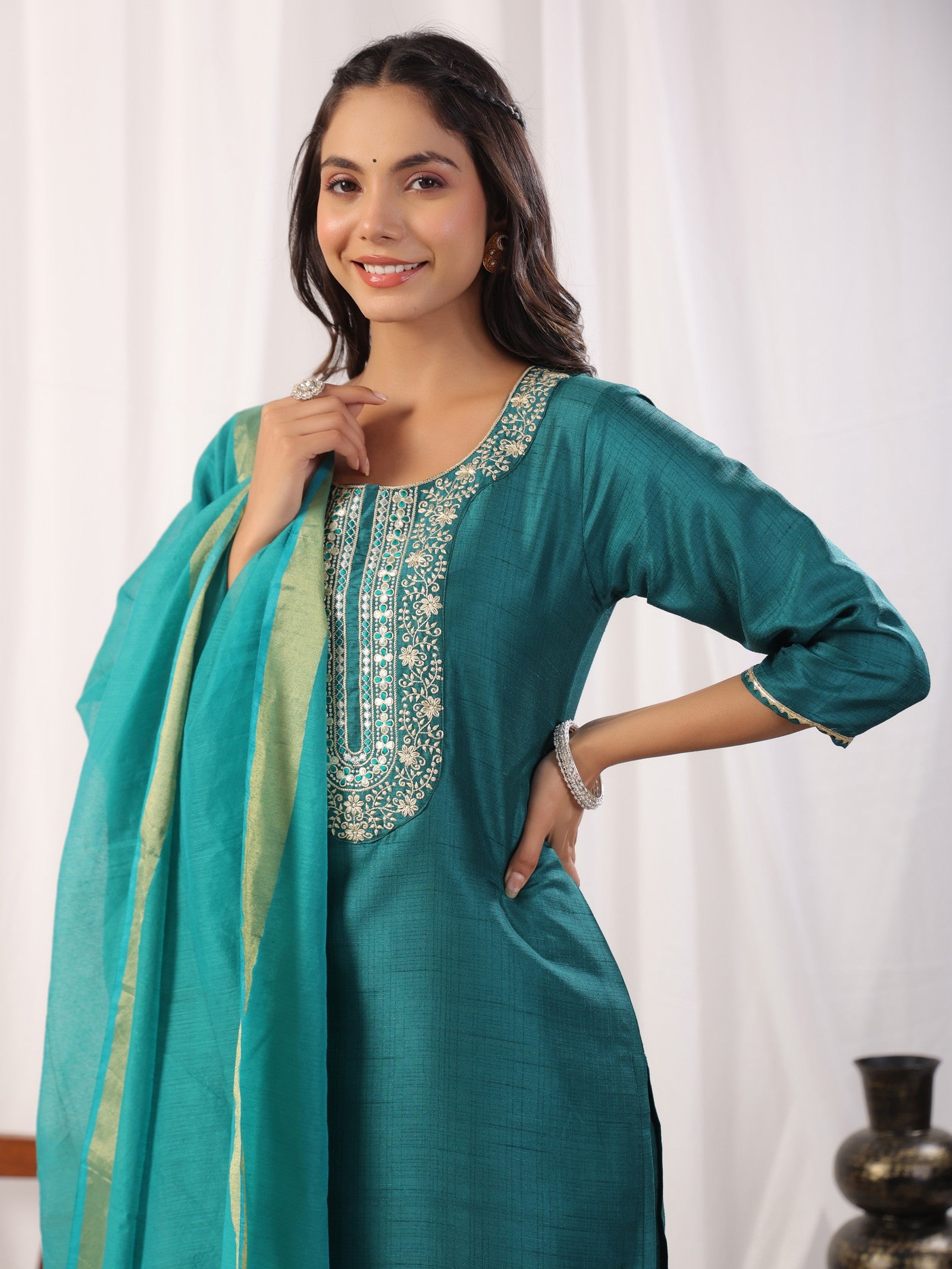 Teal Embroidered Straight Kurta Paired With Bottom and Dupatta Dropshipera