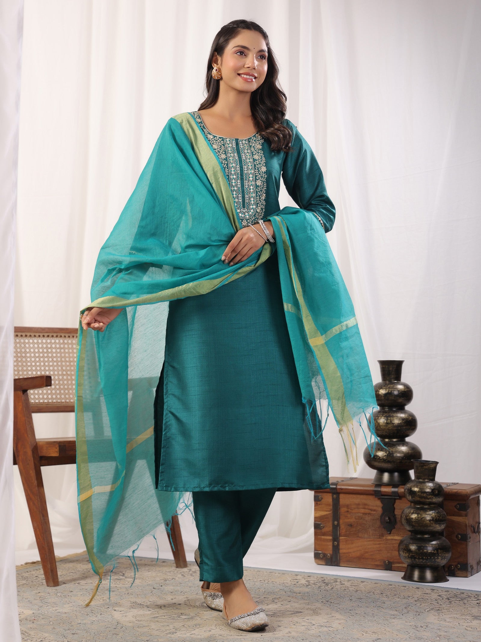 Teal Embroidered Straight Kurta Paired With Bottom and Dupatta Dropshipera