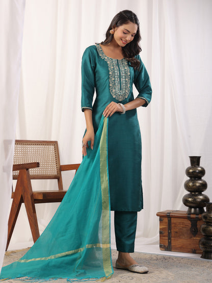 Teal Embroidered Straight Kurta Paired With Bottom and Dupatta Dropshipera