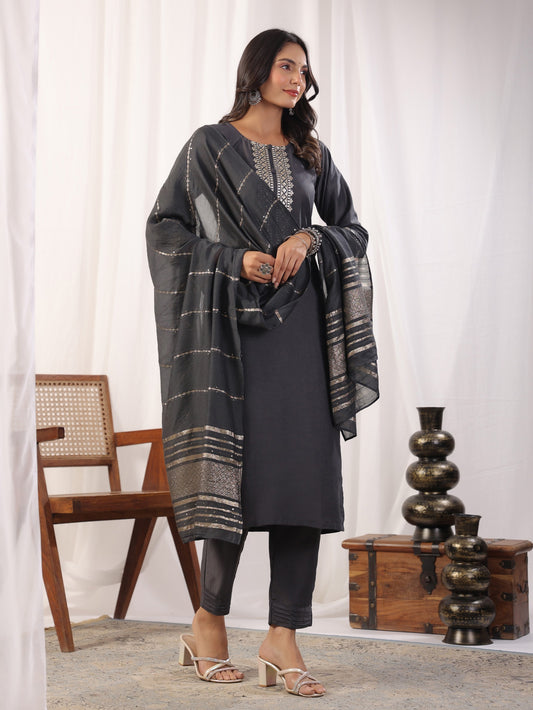 Grey Embordered A Line Kurta Set With Dupatta Dropshipera