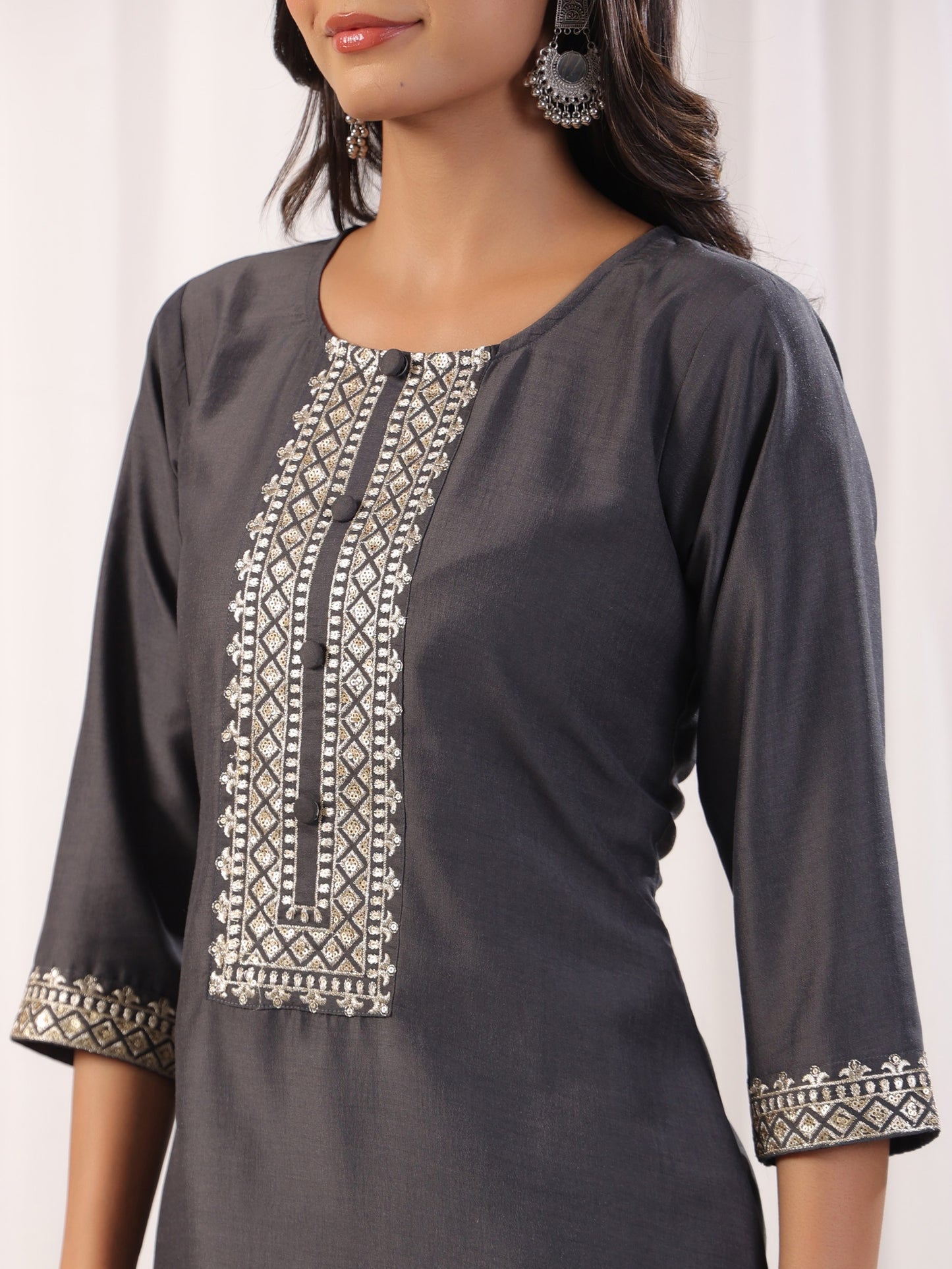 Grey Embordered A Line Kurta Set With Dupatta Dropshipera