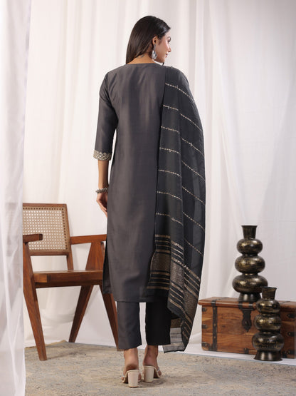 Grey Embordered A Line Kurta Set With Dupatta Dropshipera