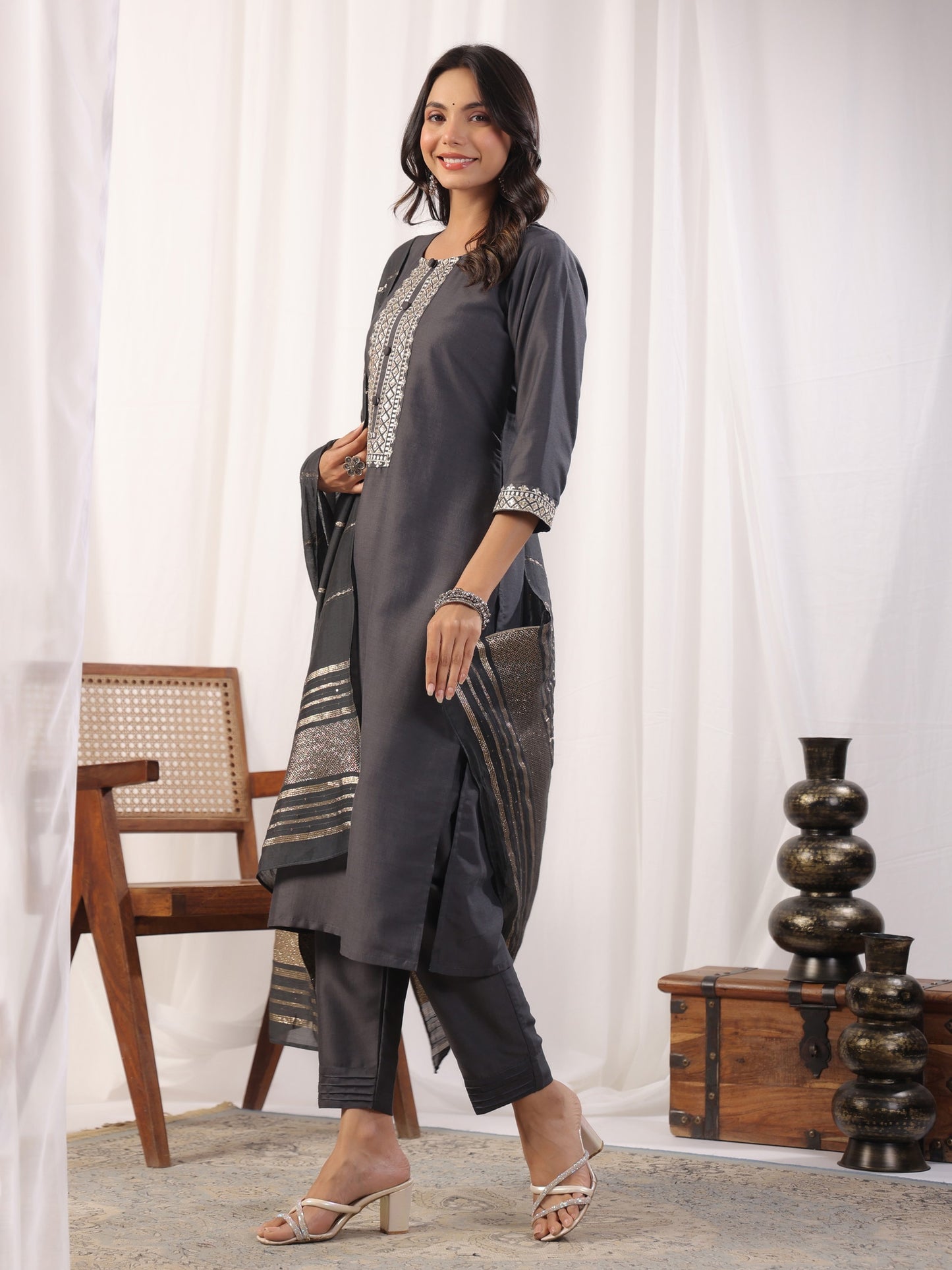 Grey Embordered A Line Kurta Set With Dupatta Dropshipera