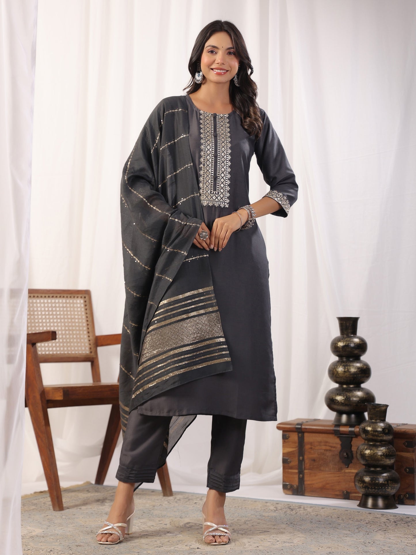 Grey Embordered A Line Kurta Set With Dupatta Dropshipera