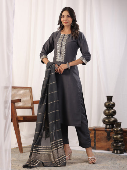 Grey Embordered A Line Kurta Set With Dupatta Dropshipera