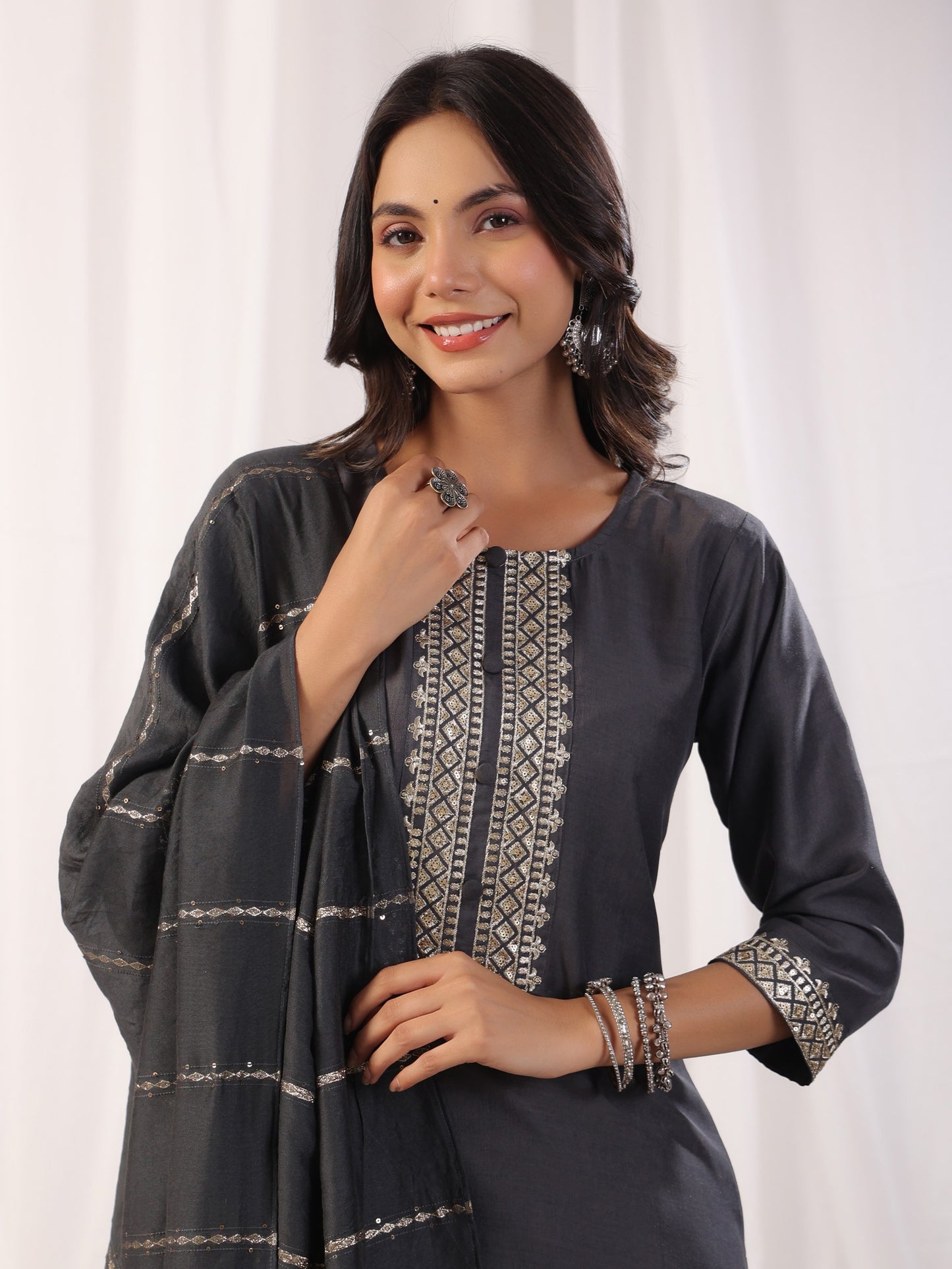 Grey Embordered A Line Kurta Set With Dupatta Dropshipera