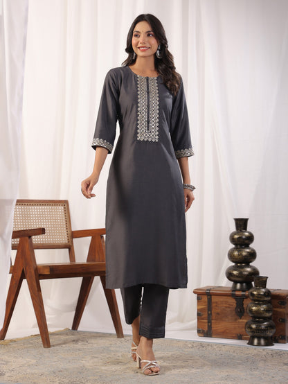 Grey Embordered A Line Kurta Set With Dupatta Dropshipera