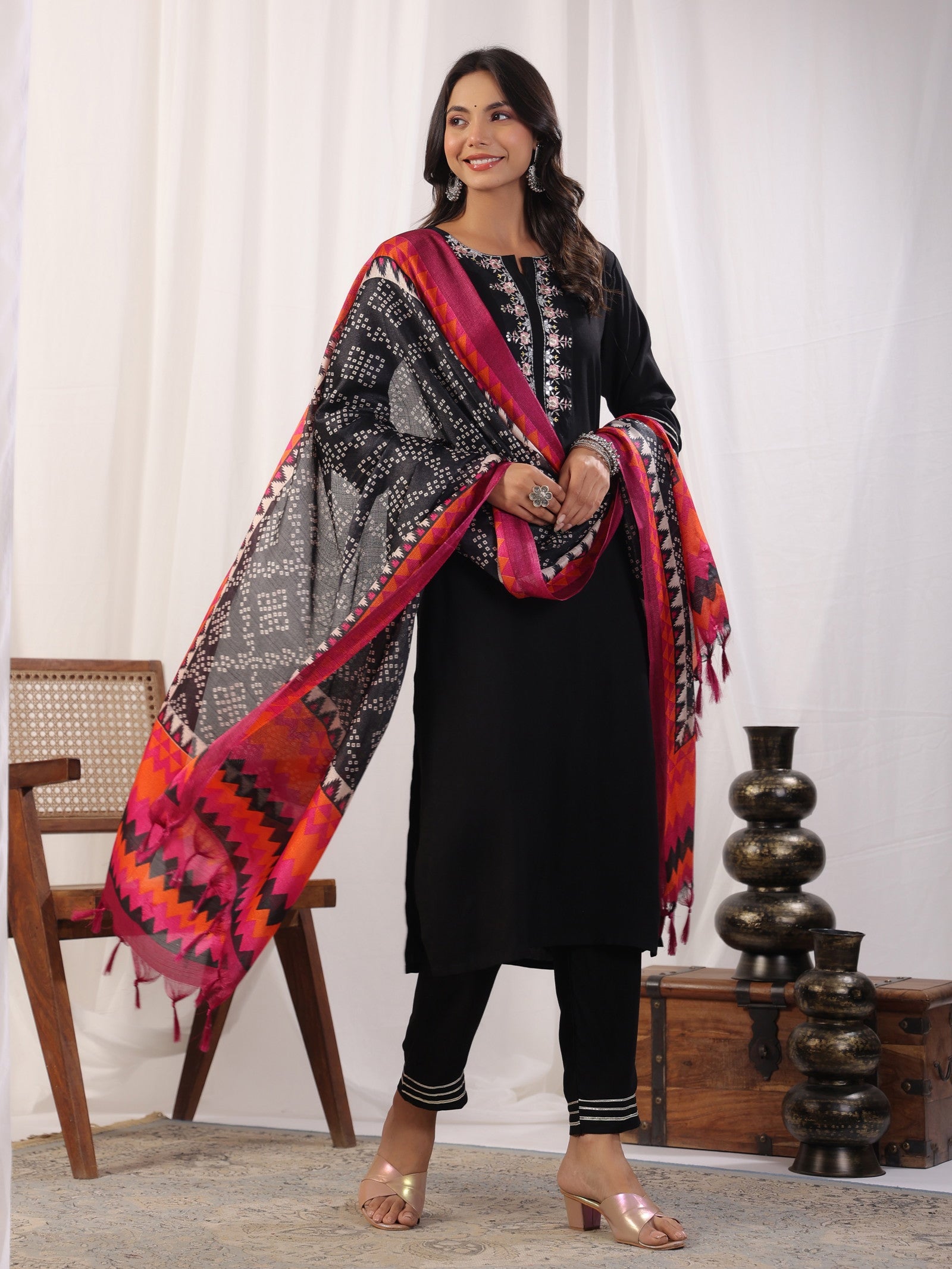 Black Embordered Rayon Kurta Set With Dupatta And Bottom Dropshipera