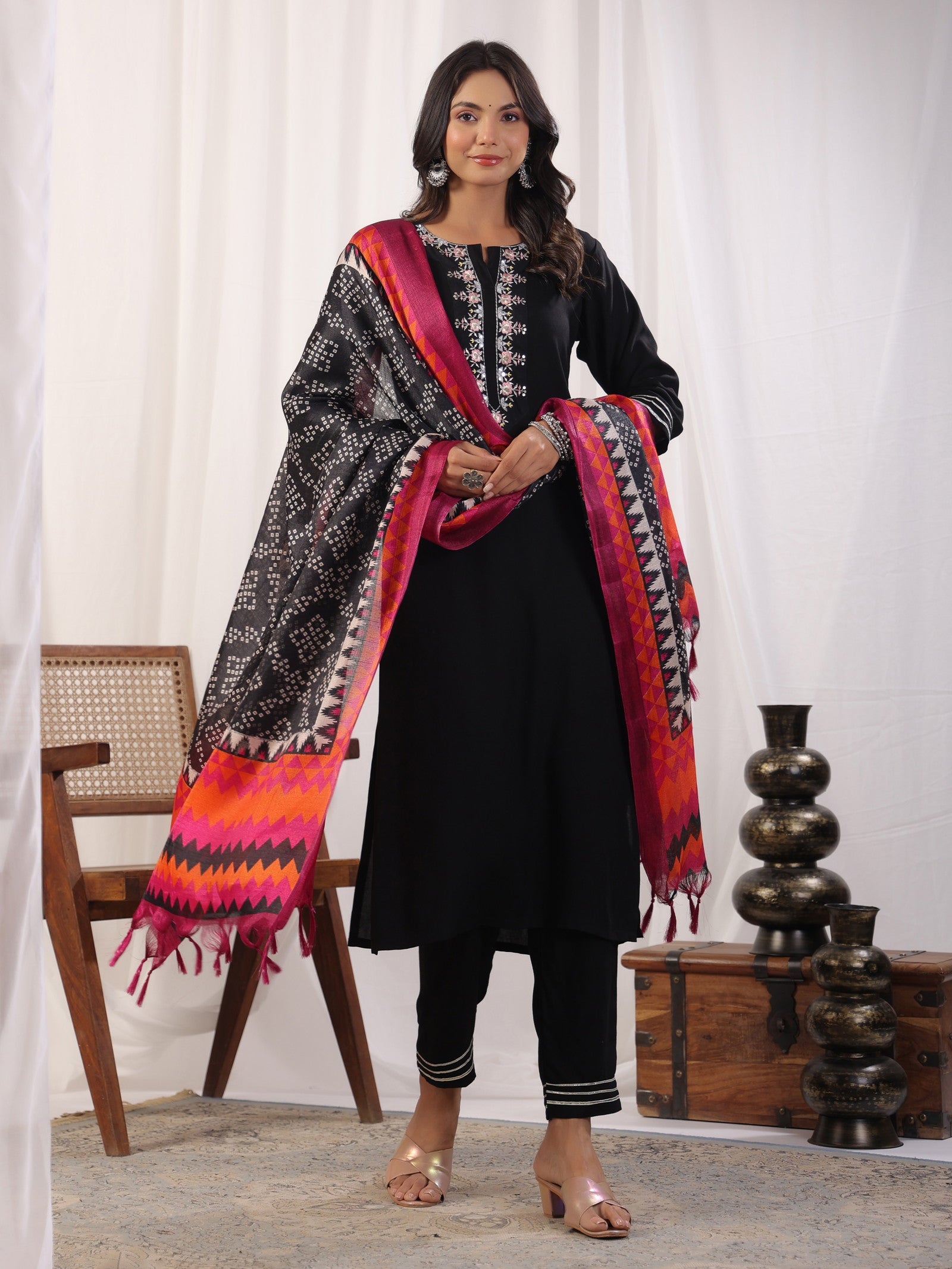 Black Embordered Rayon Kurta Set With Dupatta And Bottom Dropshipera