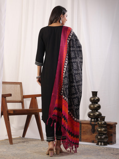 Black Embordered Rayon Kurta Set With Dupatta And Bottom Dropshipera