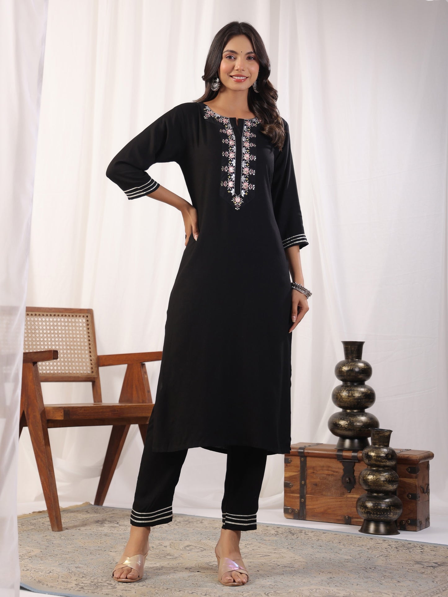 Black Embordered Rayon Kurta Set With Dupatta And Bottom Dropshipera