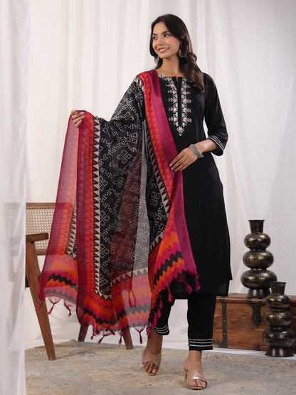 Black Embordered Rayon Kurta Set With Dupatta And Bottom Dropshipera