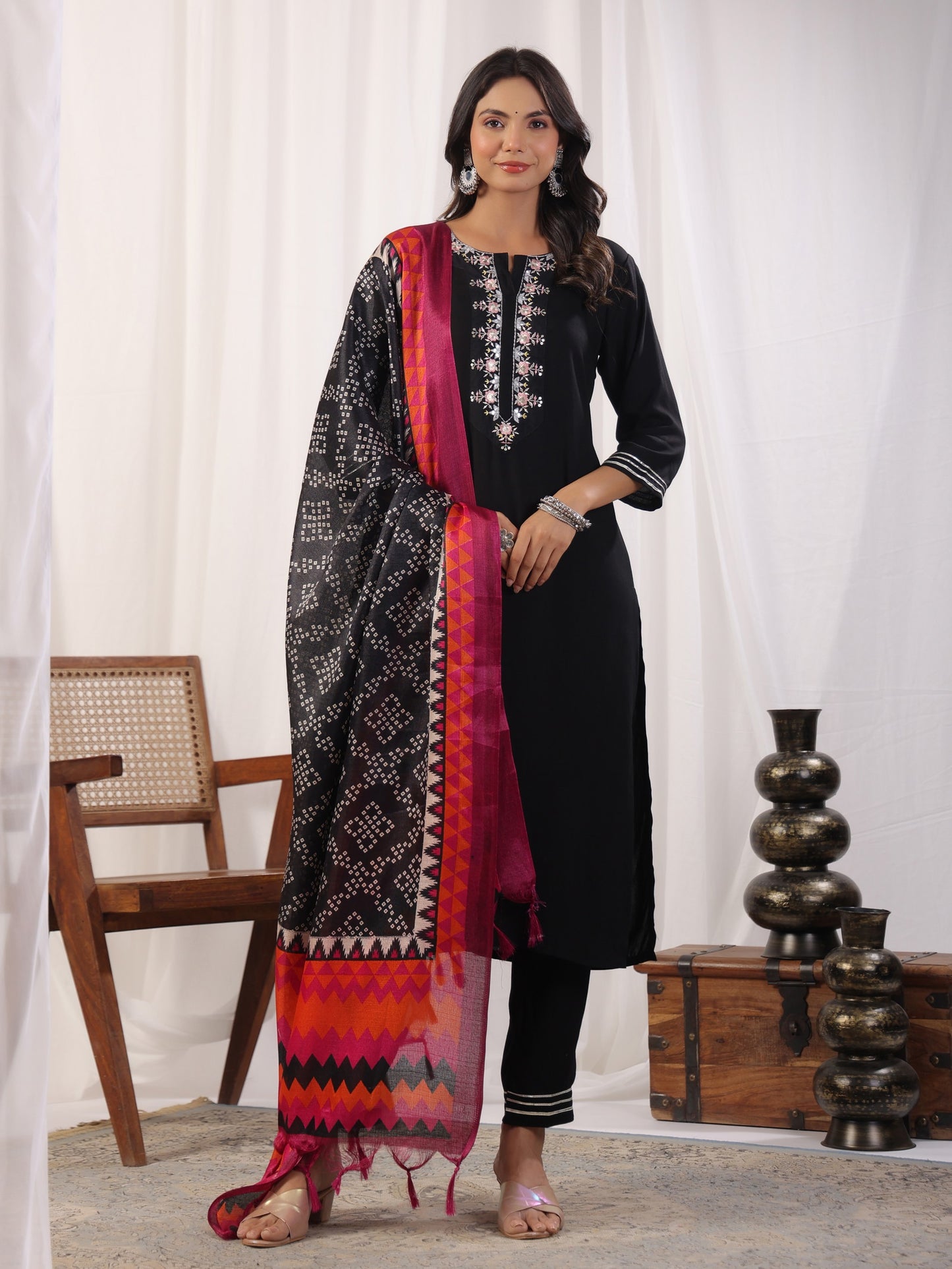 Black Embordered Rayon Kurta Set With Dupatta And Bottom Dropshipera