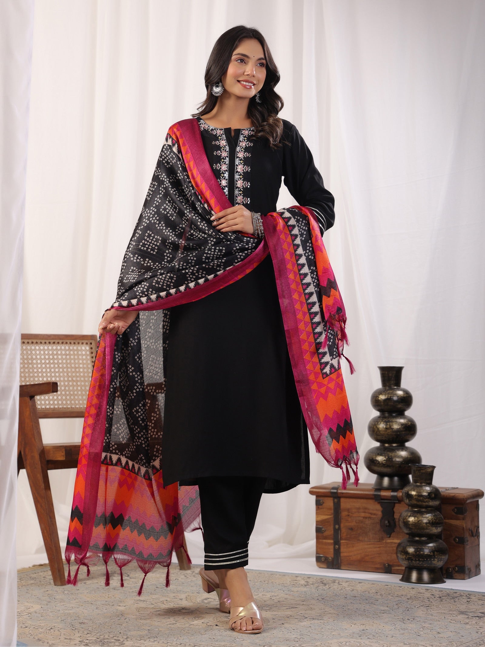 Black Embordered Rayon Kurta Set With Dupatta And Bottom Dropshipera