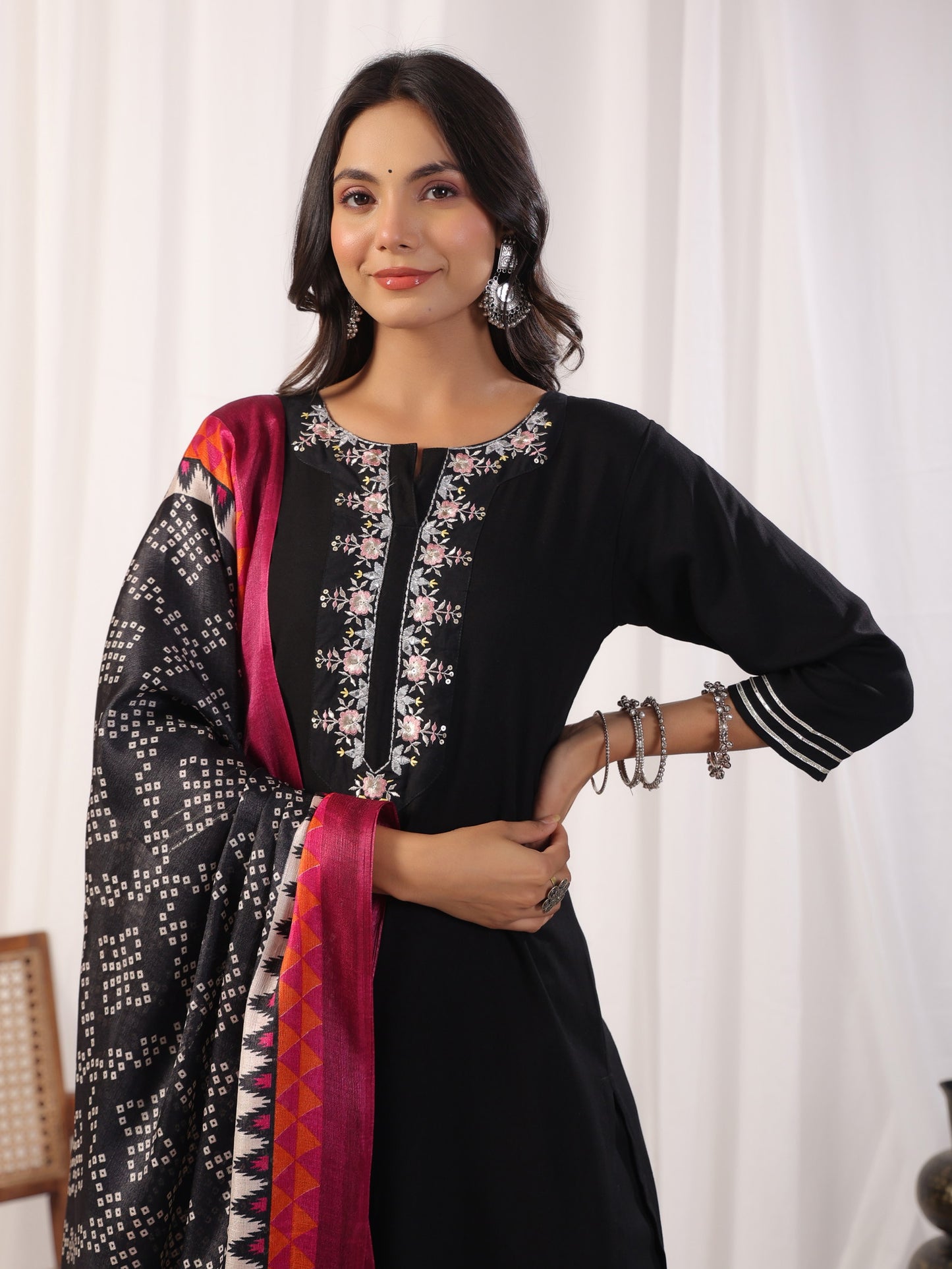 Black Embordered Rayon Kurta Set With Dupatta And Bottom Dropshipera