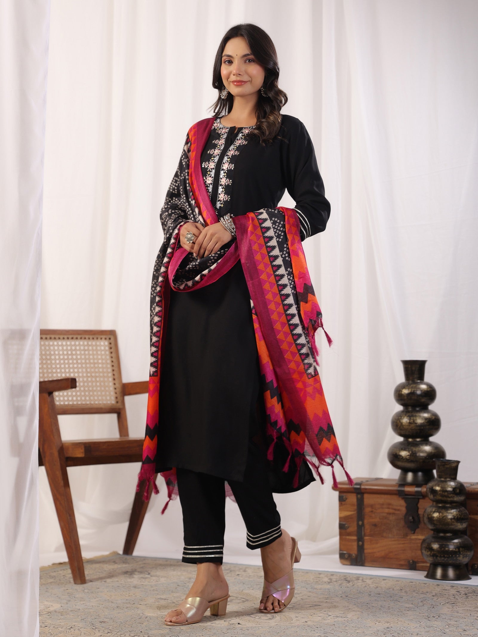 Black Embordered Rayon Kurta Set With Dupatta And Bottom Dropshipera