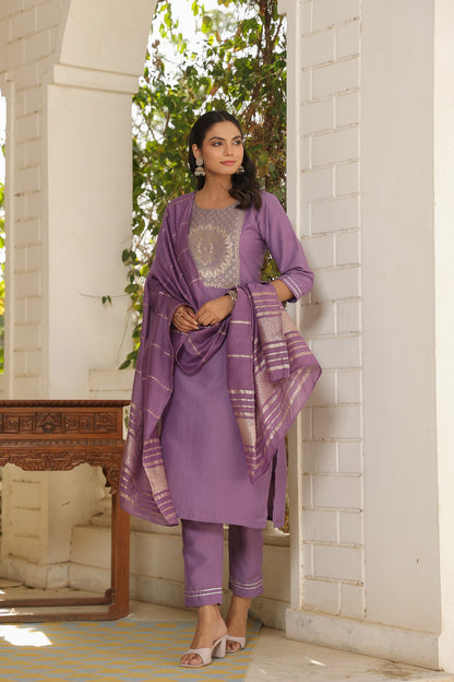 Beautiful and Simple Embroidered Kurta set With Bottom and Dupatta Dropshipera