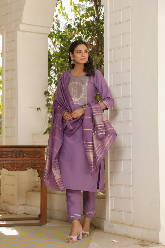 Beautiful and Simple Embroidered Kurta set With Bottom and Dupatta Dropshipera