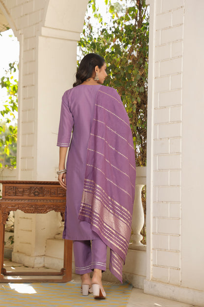 Beautiful and Simple Embroidered Kurta set With Bottom and Dupatta Dropshipera