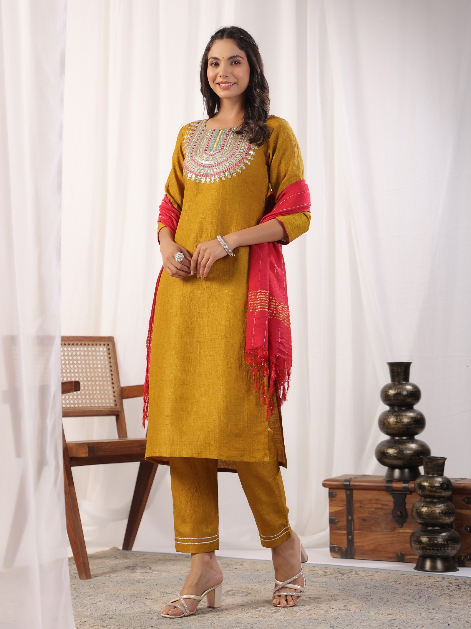 Solid Straight Round Neck Silk Kurta Pant Set With Dupatta Dropshipera