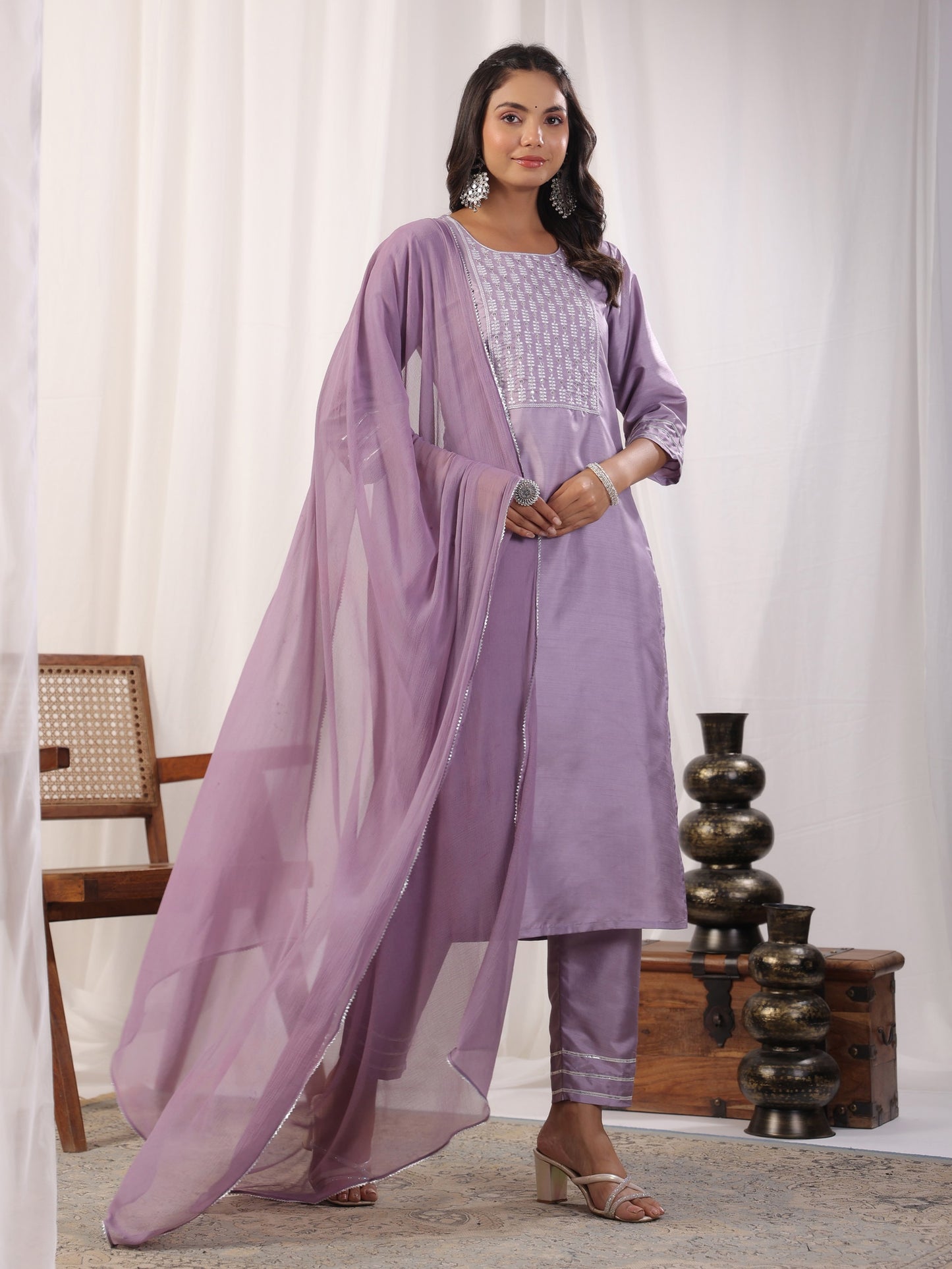 Embroidered Straight Kurta with Trousers & And Dupatta Dropshipera