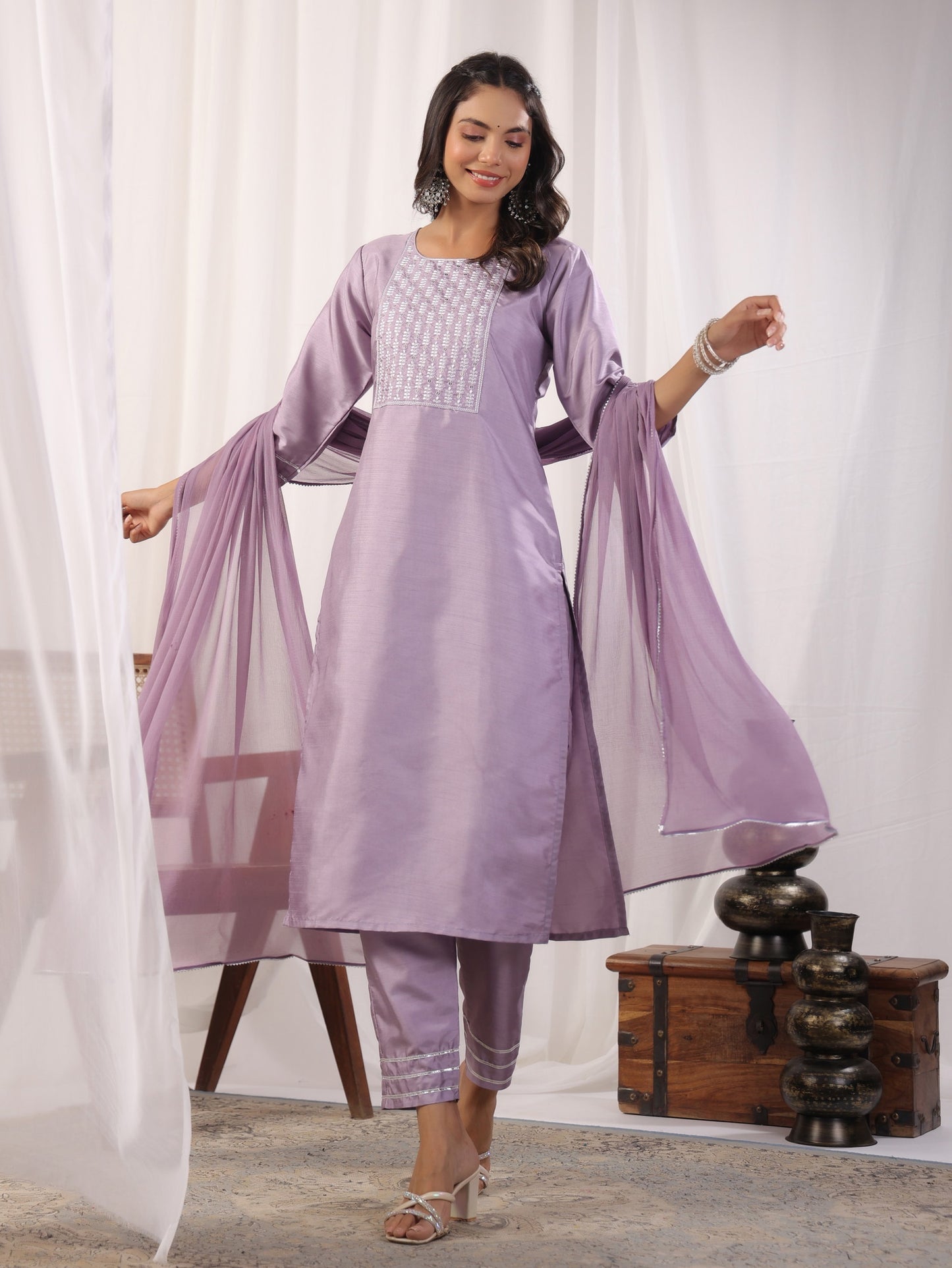 Embroidered Straight Kurta with Trousers & And Dupatta Dropshipera