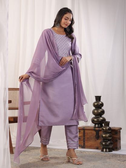 Embroidered Straight Kurta with Trousers & And Dupatta Dropshipera