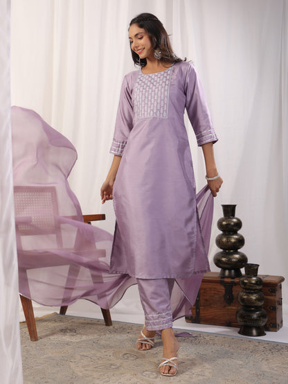 Embroidered Straight Kurta with Trousers & And Dupatta Dropshipera