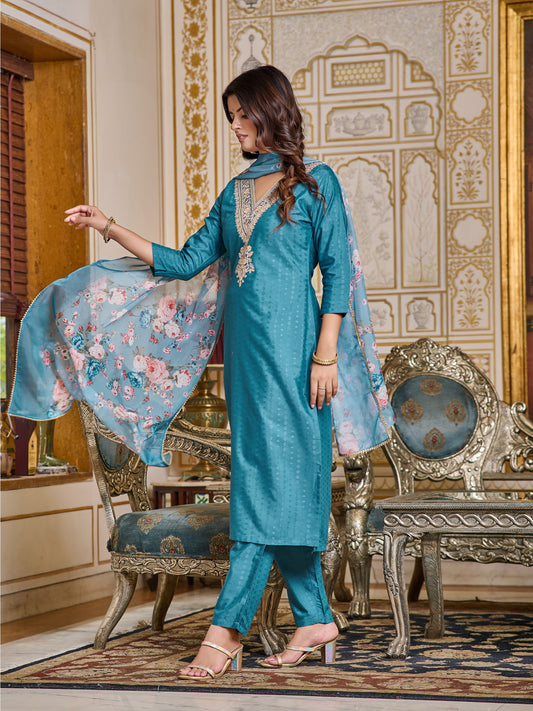 Embroidered Chanderi Kurti With Pant & Dupatta Set Dropshipera