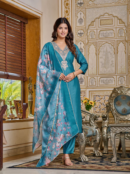 Embroidered Chanderi Kurti With Pant & Dupatta Set Dropshipera