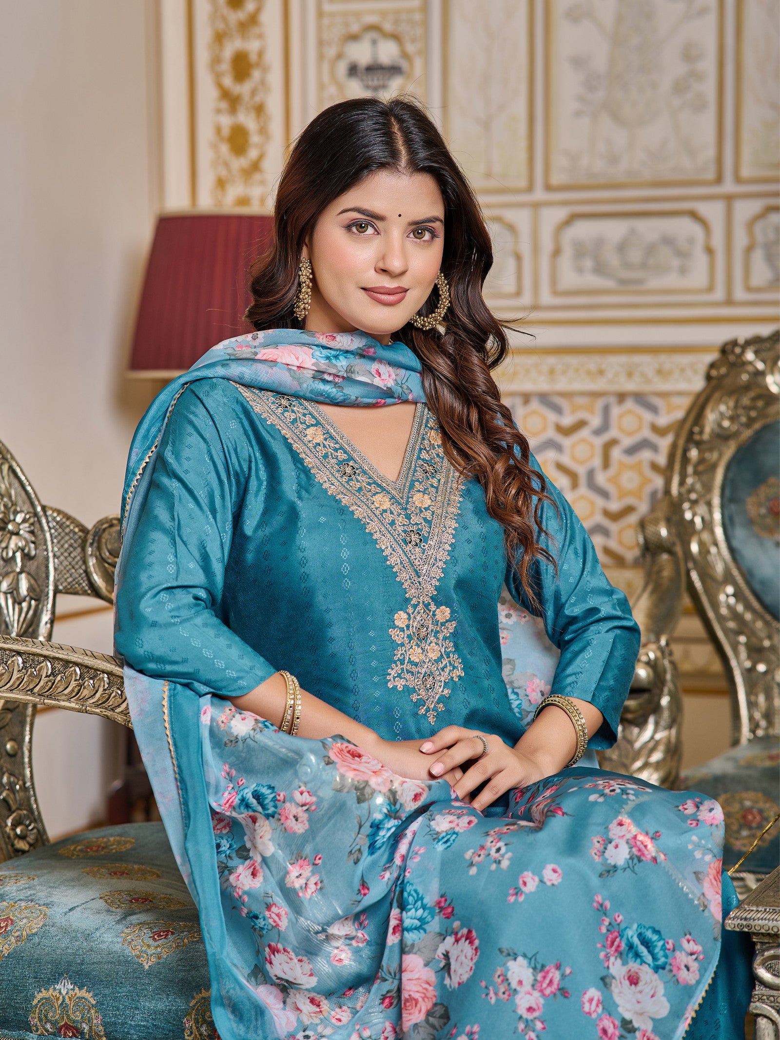 Embroidered Chanderi Kurti With Pant & Dupatta Set Dropshipera