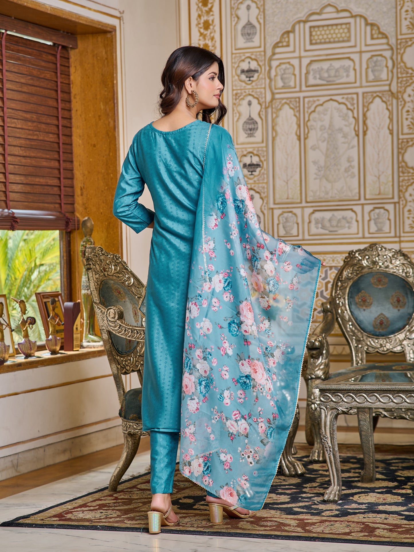 Embroidered Chanderi Kurti With Pant & Dupatta Set Dropshipera