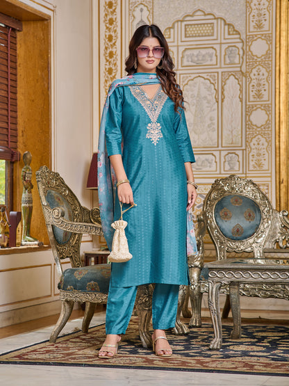 Embroidered Chanderi Kurti With Pant & Dupatta Set Dropshipera