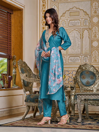 Embroidered Chanderi Kurti With Pant & Dupatta Set Dropshipera